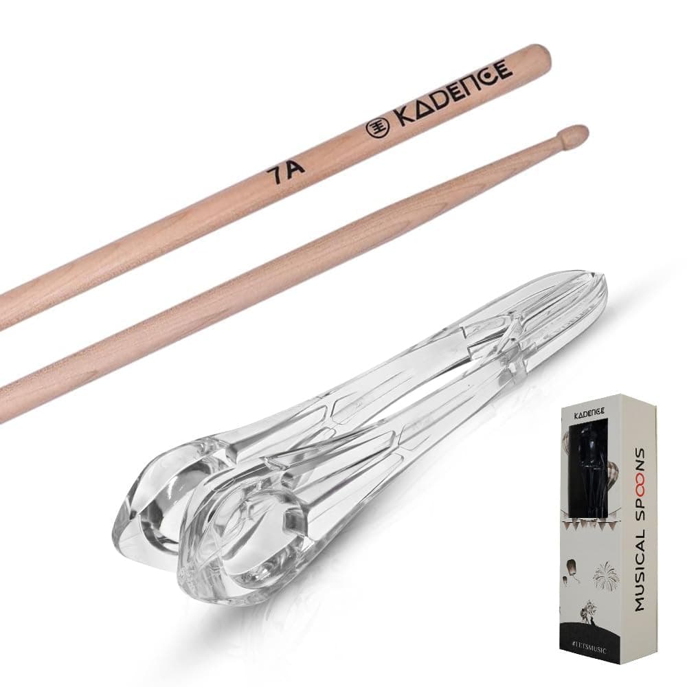 Kadence MW7A-MSPN Jamming Series 7A Maple Wood Drumsticks & 9" Polycarbonate Musical Spoon Combo | Percussion Instrument for Practice, Rhythm Training, Music Performance & Gifting | Natural & Clear