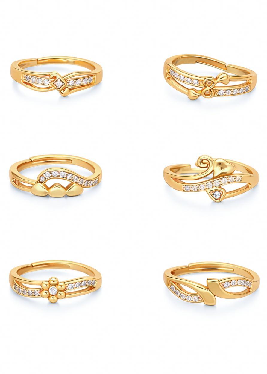 Brado Jewellery combo of 6 Gold Plated ad american diamond Adjustable free size Rings Combo for Women & Girls | Stylish Fancy Ring Set | Heart & Stone Design | for Daily use (JR 7)