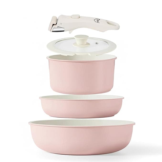 House of Quirk Maifan Stone Nonstick Cookware Set 5-Piece | Detachable Handle Pots & Pans | Stackable, Induction & Oven Safe Kitchen Set (Granite Pink)