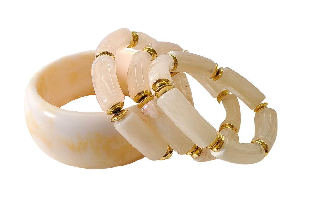 Fuschianet Accessories Resin Bangle, Bamboo Curved Beads Flexible Bracelet, Brass Golden Round 2, Stackable Bracelets for Women and Girls Set of 4 (White)