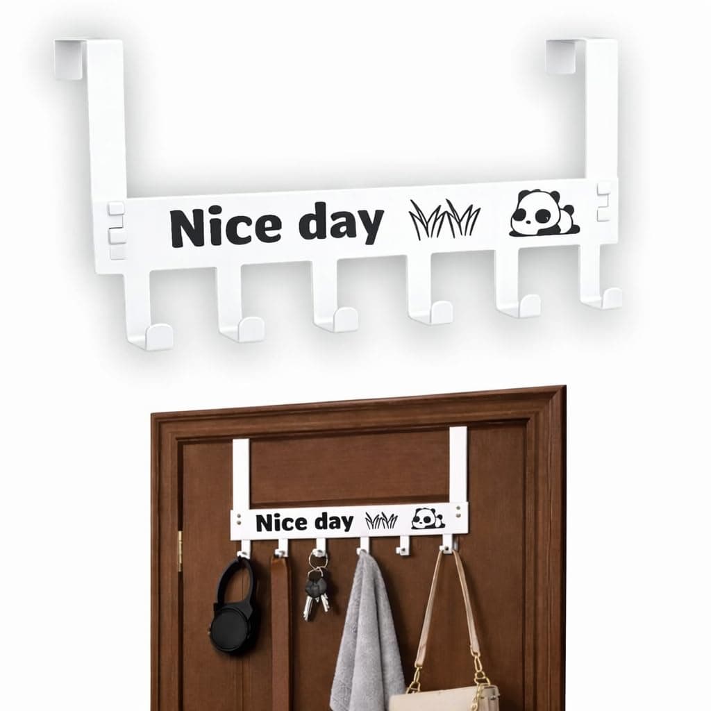 JIALTO 1 Pcs Over The Door Hook Rack Organizer | Heavy Duty Metal Hanger with 6 Hooks for Coats, Towels, Bags | No Drill, Space Saving Storage for Bathroom, Bedroom, or Kitchen – White
