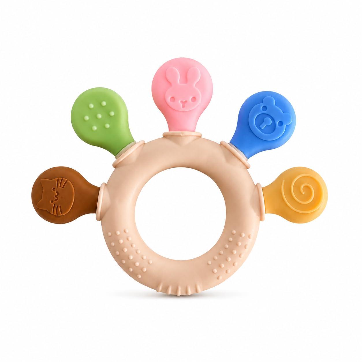 Baby Teether Silicone Teething Toy - BPA Free Food Grade Ring for Infants & Newborns - Textured Sensory Chew Toy for Gum Relief - 3-12 Months Molar Teether with Bear & Bunny Animal Designs