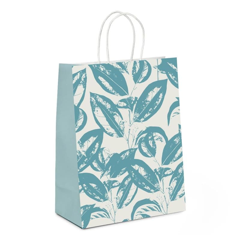 PaperPep White Blue Leaves Print Gift Paper Bags | Small (9"X7"X4" inches) | Attached gift tags, Ideal for Return Gifts, Weddings, Birthday & Celebrations | Pack of 10