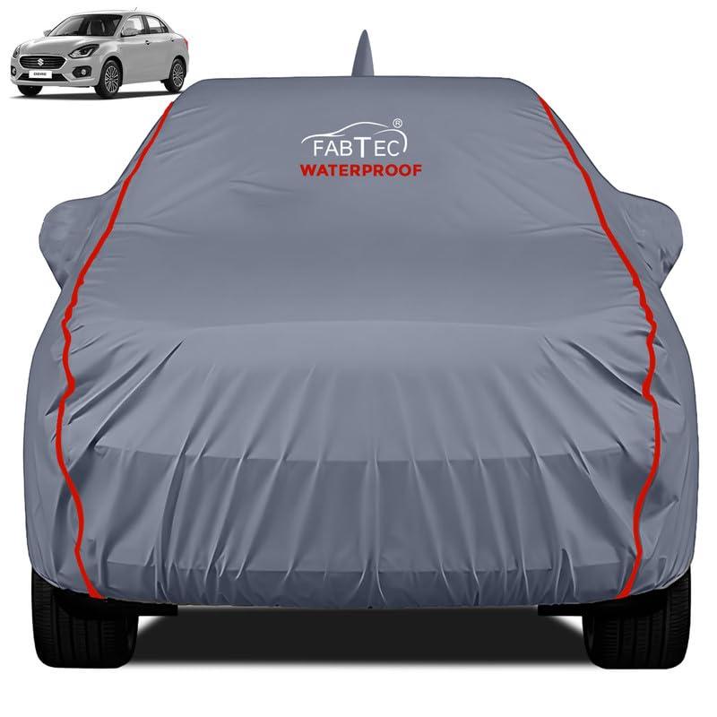 FABTEC Waterproof Premium Car Cover for Maruti Dzire (2017-24) with Mirror and Antenna Pocket Super Waterproof Car Body Cover Heavy Duty Durable Peva Grey with Red Piping