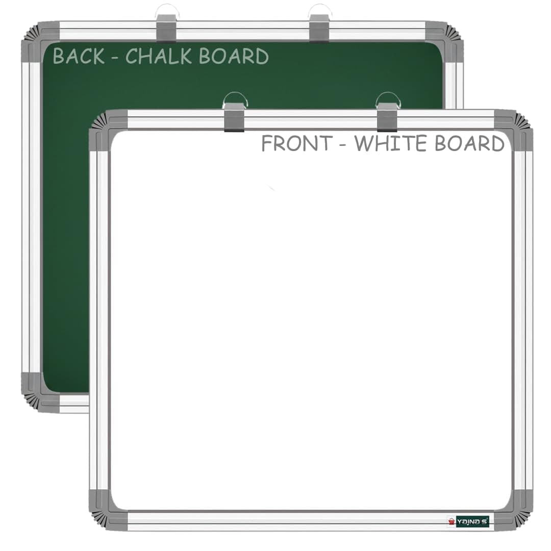 YAJNAS Non Magnetic (60CM x 60CM) 2X2 Feet Double Sided White Board and Chalk Board Both Side Writing Boards, one Side White Marker and Reverse Side Chalk Board Surface - Set of 1