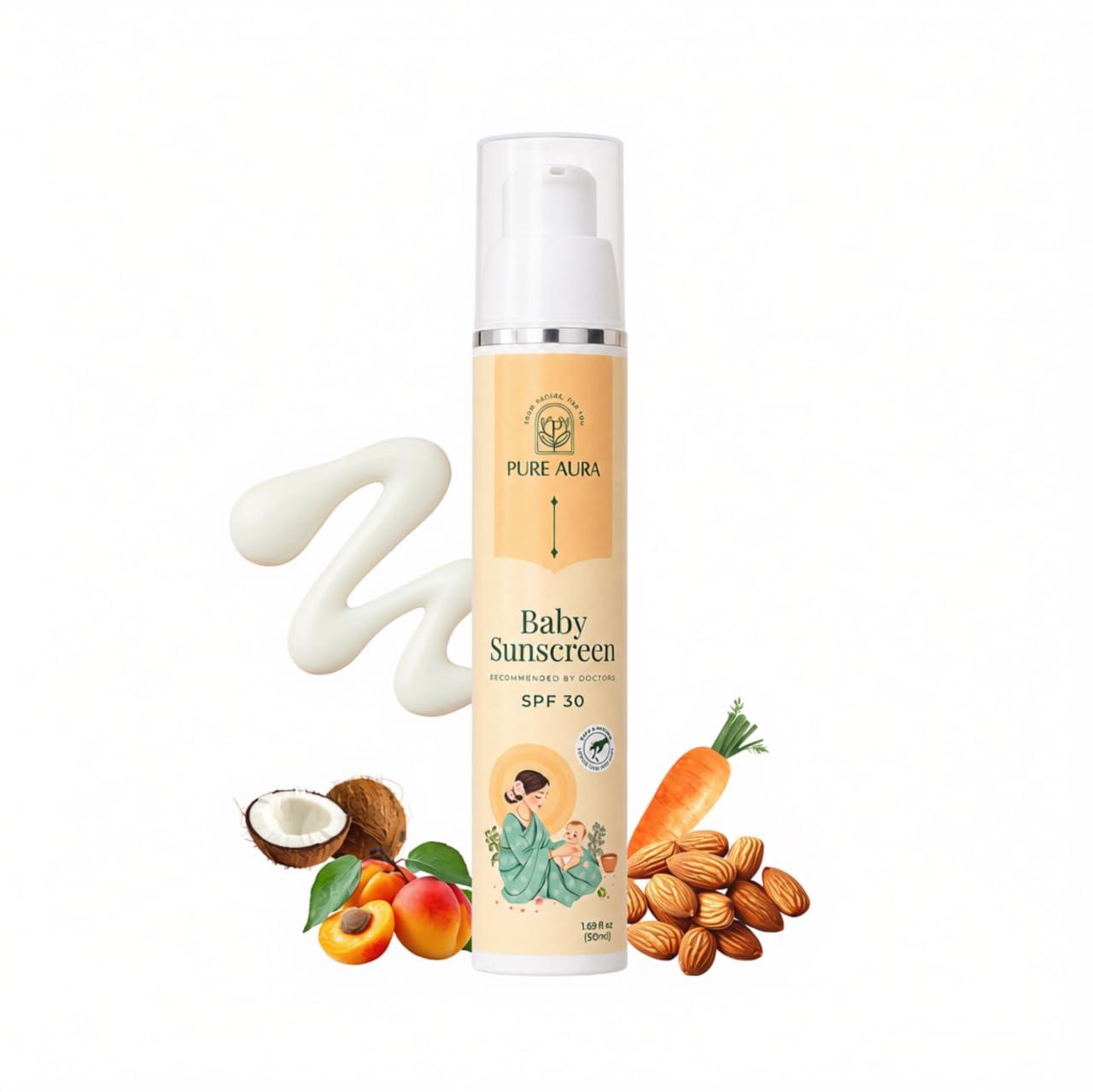 Pure Aura Baby Sunscreen 50 gm | SPF 30 Kids Sunscreen | 100% Mineral & Ayurvedic | Chemical-Free | Outdoor Safe | Sensitive Skin Friendly | Doctors Recommended | 6M to 8 Yrs