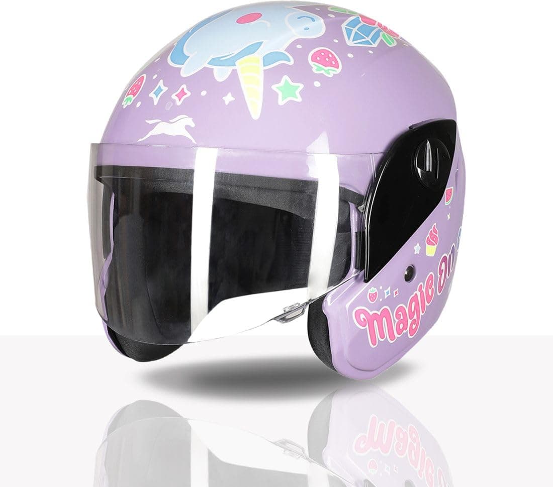 TVS Moto Jr. Kids Helmet |Fun Glow in the Dark Graphics | Lightweight ISI Certified ABS Shell| Removable Cheek Pads | Ideal Helmet for Cycle Scooter Daily Ride Comfort & Protection (Lavender/XS)