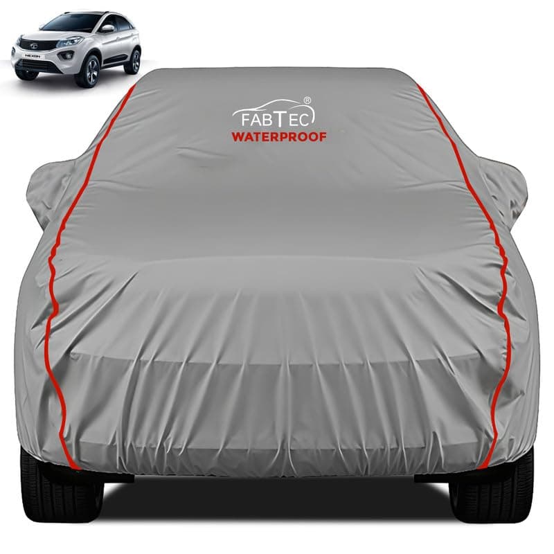 FABTEC Waterproof Premium Car Cover for Tata Nexon Super Waterproof Car Body Cover Heavy Duty Durable PEVA Grey with Red Piping