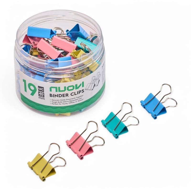 NUOVI 19mm Binder Clips-Multicolor | Made of Tempered Steel, Durable & Rust-Resistant | Perfect for Holding Loose Papers | Ideal for School, Office & Home (Pack of 40)