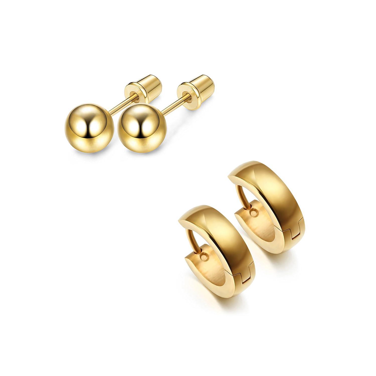 Peora Combo of Gold Plated Hoop & Ball Stud Earrings Set Gift For Men