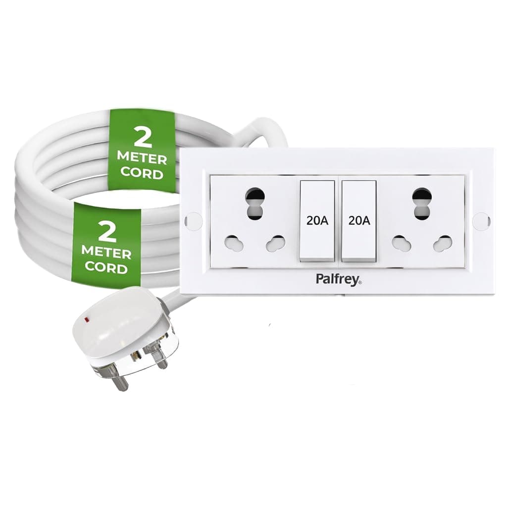 Palfrey Electric Extension Board - 16A/20A + 16A/20A with Two Switch and Heavy Duty 2 Meter Wire (2200W) (White), 240 Volts
