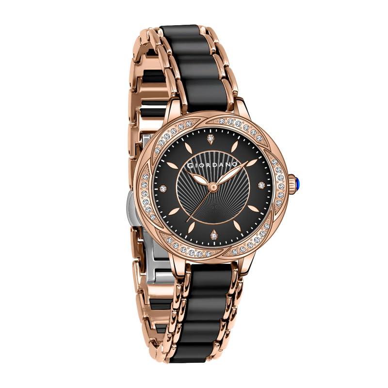 Giordano Flower Case Watch for Women with Crystal-Studded Bezel, Diamond Hour Markers & Dual Tone Stainless Strap