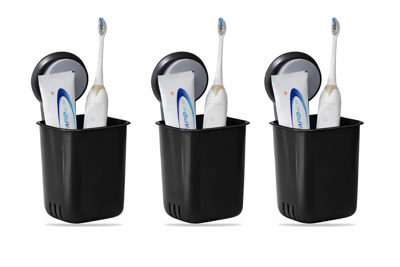 Wall-Mounted Tooth Brush Holder Bathroom - Self-Adhesive Bathroom Organiser Without Drill for Toothbrushes, Toothpaste and Makeup Brushes - Plastic Brush Holder for Bathroom (3, Black)