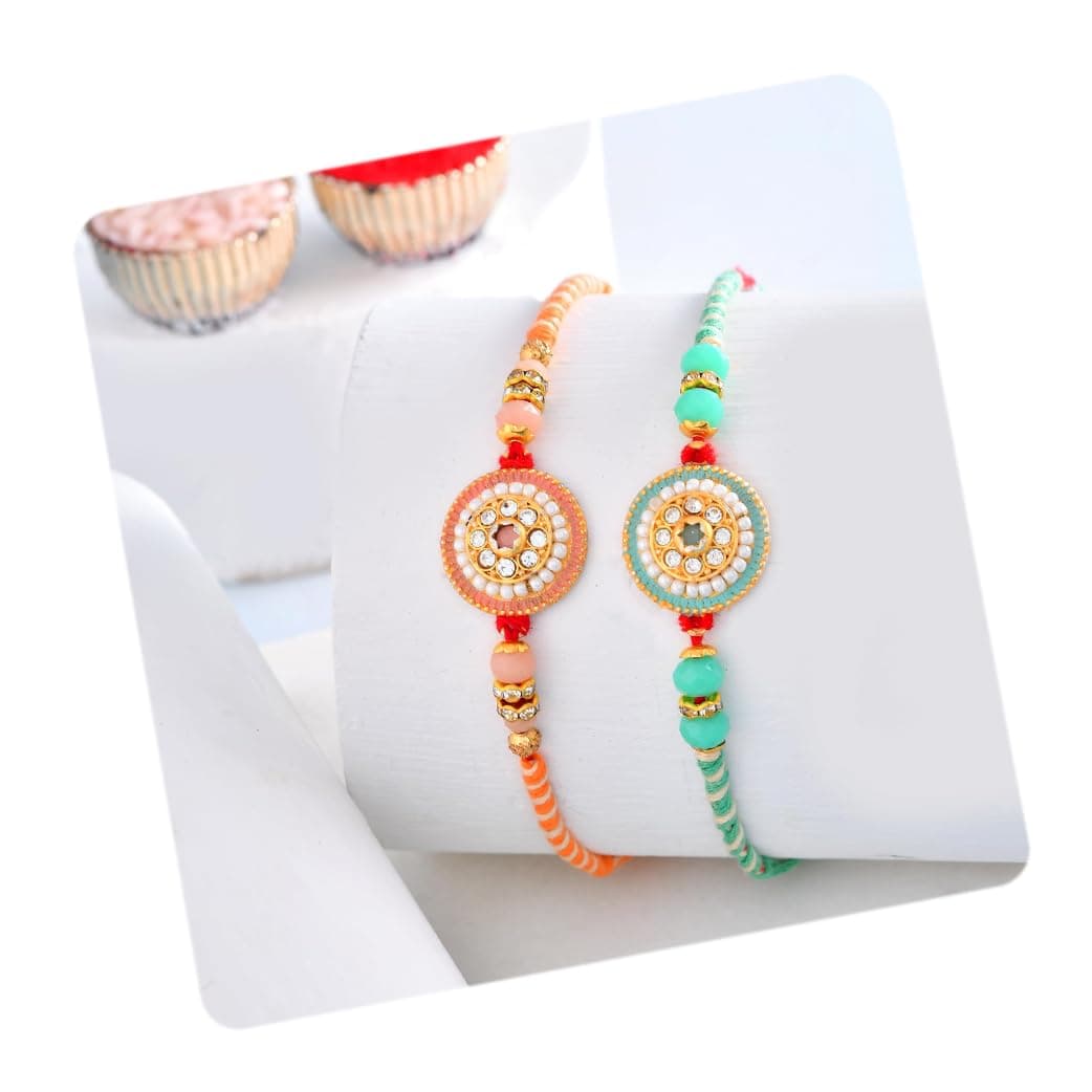 CraftVatika Rakhi Set for Brother, Designer Floral Rakhi for Brother Set of 2 for Boy Men, Rakhis for Rakshabandhan, Raksha Bandhan Set for Bhaiya, Raksha Sutra for Boy Men, Best Wishes Card with Tilak Set