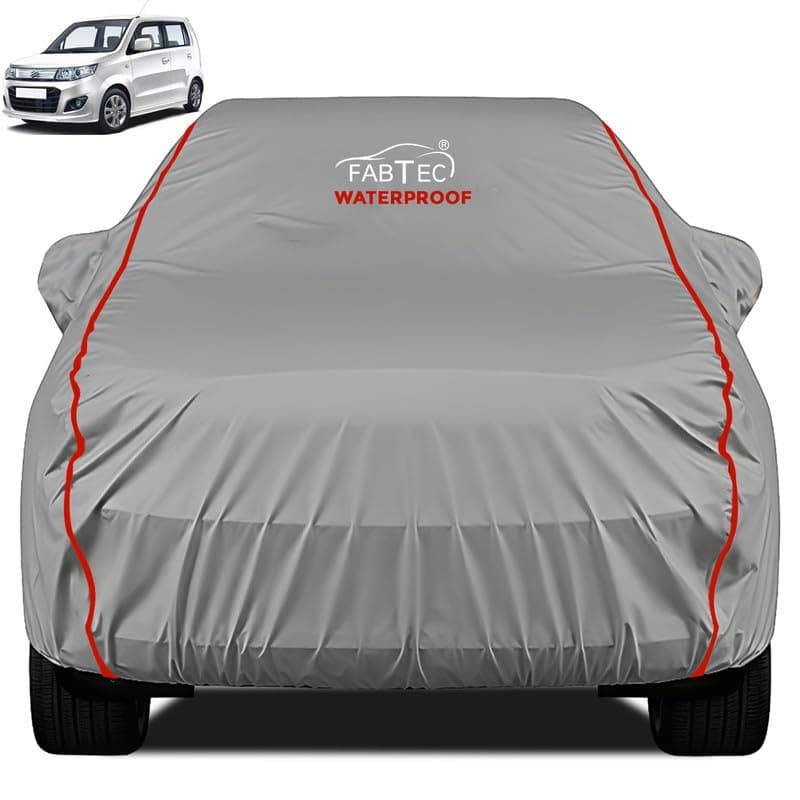 FABTEC Waterproof Premium Car Cover for Maruti Wagon R Super Waterproof Car Body Cover Heavy Duty Durable PEVA Grey with Red Piping