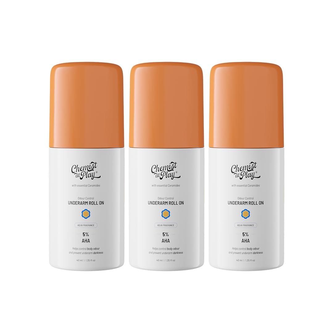 Chemist At Play UnderArm Roll On Deodorant with 5% AHA, Lactic Acid & 1% Mandelic Acid | Prevents Body Odour & Fades Pigmentation | 0% Aluminium & 0% Alcohol | Aqua Fragrance | 40ml - Pack of 3