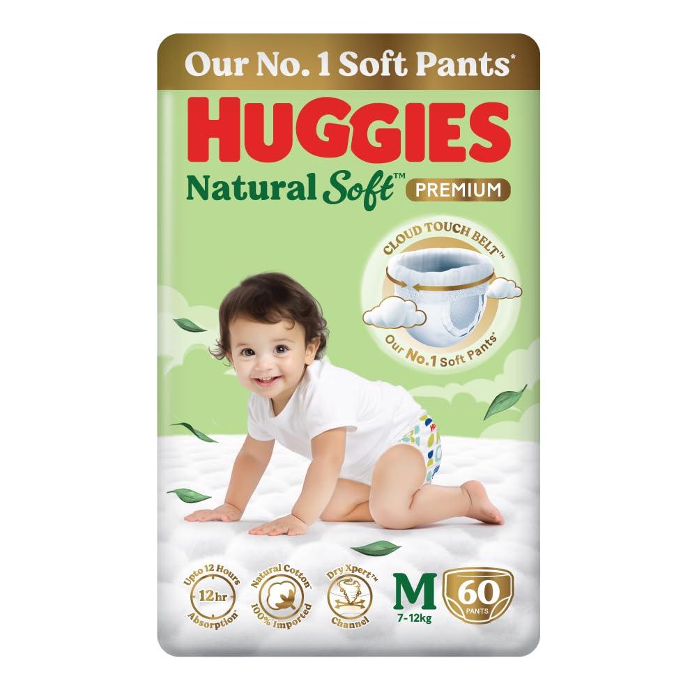 Huggies Natural Soft Premium Baby Diaper Pants, Our No.1 Soft Pants, Medium (M) Size (7-12 Kgs), Pack of 60 diapers | Cloud Softness All over with India's 1st Cloud Touch BeltTM