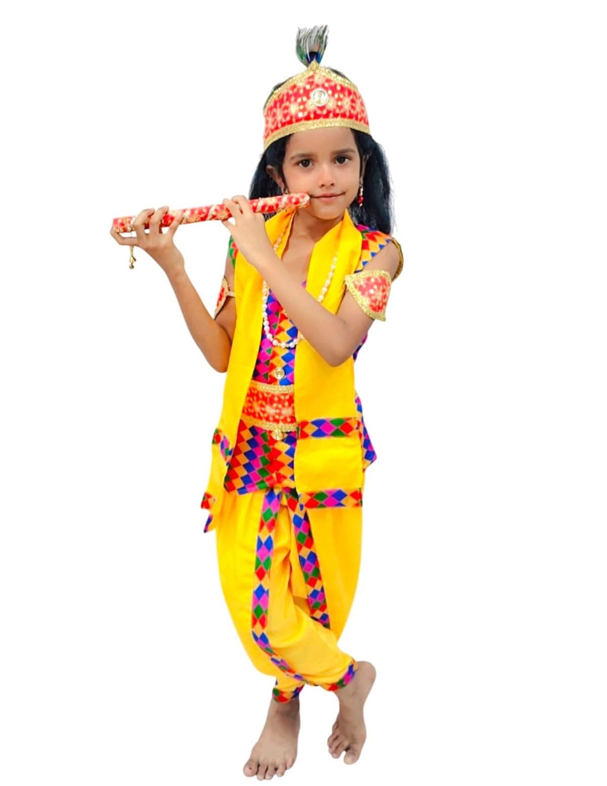 BookMyCostume Shri Krishna Multicolor Kids Fancy Dress Costume 9 Pcs Set with Red Accessories & Wig - Premium 8-10 years
