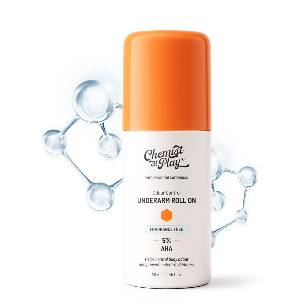 Chemist At Play UnderArm Roll On Deodorant with 5% AHA, Lactic Acid & 1% Mandelic Acid | Prevents Body Odour & Fades Pigmentation |0% Aluminium & 0% Alcohol |For Sensitive Skin | Fragrance Free | 40ml