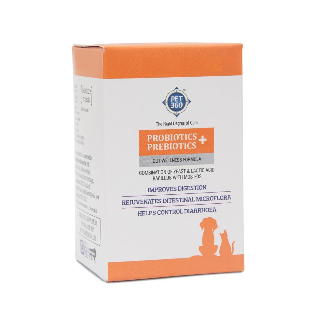 PET360 PROBIOTICS + PREBIOTICS Gut Wellness Formula for Dogs & Cats | Probiotic Supplement | Prevents Diarrhea & Indigestion | Cat & Dog Gut Health Supplement for Improved Immunity - 5 Sachets