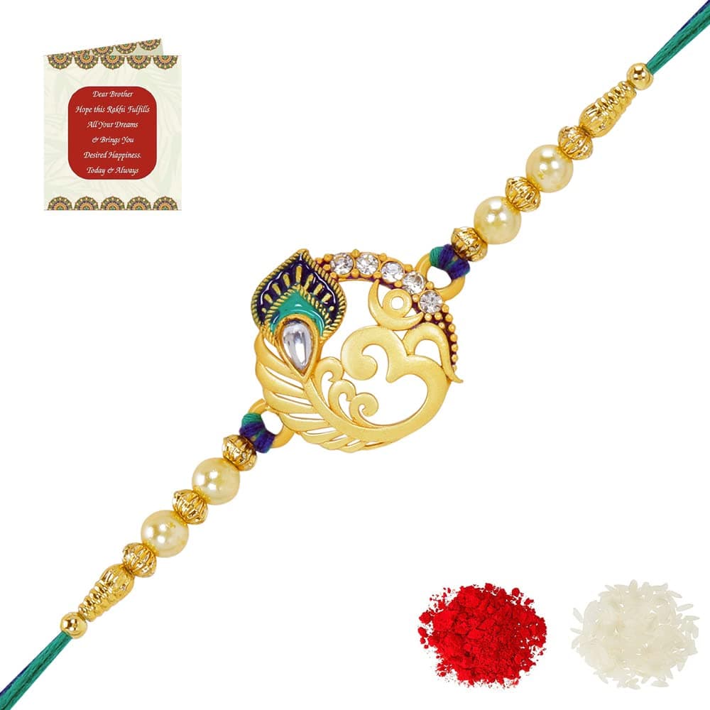Riddhika Ventures Religious Meenakari Om and Peacock Feather Rakhi With Roli Chawal And Greeting Card (P3)