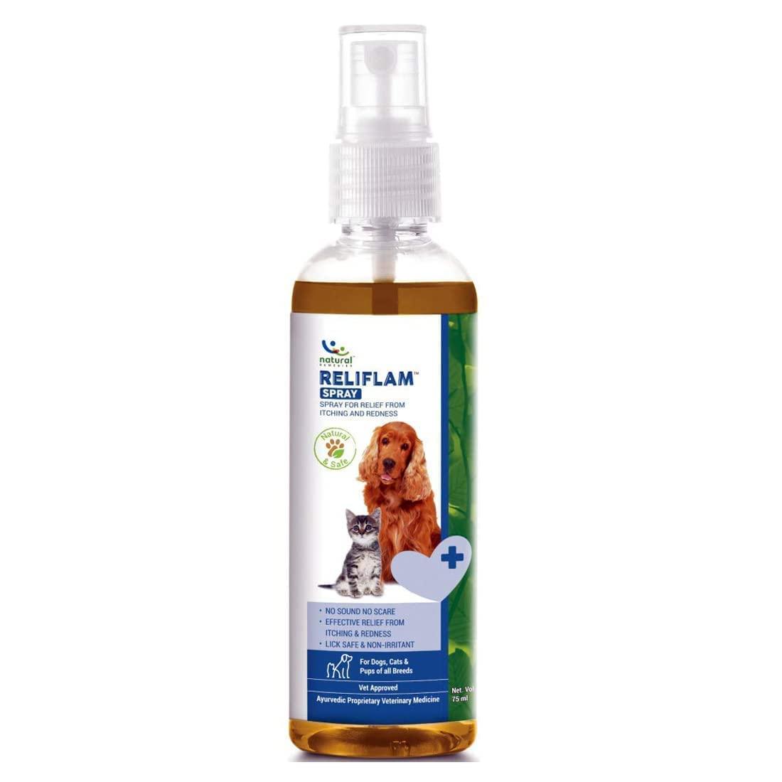 Natural Remedies Reliflam Itch & Redness Relief Spray for Dogs, Cats, Lick Safe, Moisturizes Dry Skin, All-Natural Ingredients, Pet Friendly, Allergy Relief, Skin Soothing, 75ml