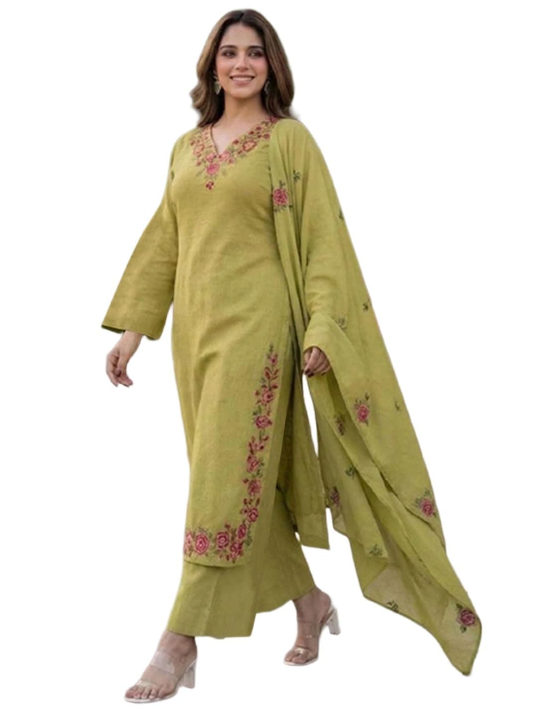 ANNI Designer Women's Viscose Blend Straight Embroidered Kurta with Palazzo and Dupatta (MUKTA Green_3XL_Green_XXX-Large)