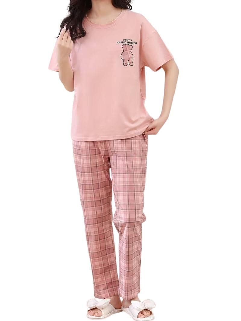 SHIENZY Women Korean Style Night Suit | Round Neck Short Sleeve Cute Printed Cotton Pajama Set for Girls & Women | Soft Nightwear, Lounge Wear, Sleepwear for Women | Co-ord Set(New-1695_PNK_L) Pink