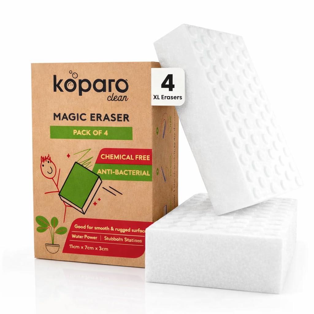 Koparo Magic Eraser Sponge for Wall Cleaning | Pack of 4 | Chemical Free Multi Purpose Wipe for Walls, Kitchen, Bathroom, Shoes & Switch Boards | Removes Tough Stains | Just Add Water