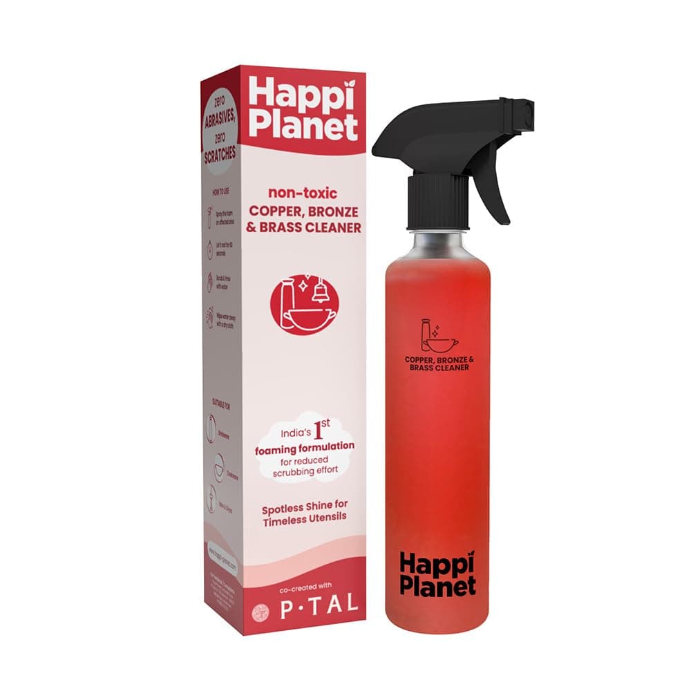 Happi Planet Copper, Bronze & Brass Cleaner Spray | 500 ML | zero Abrasives, zero Scratches | Non-Toxic, Plant Based | Suitable for Drinkware, Cookware, Idols & Diyas | Co- Created with P-TAL