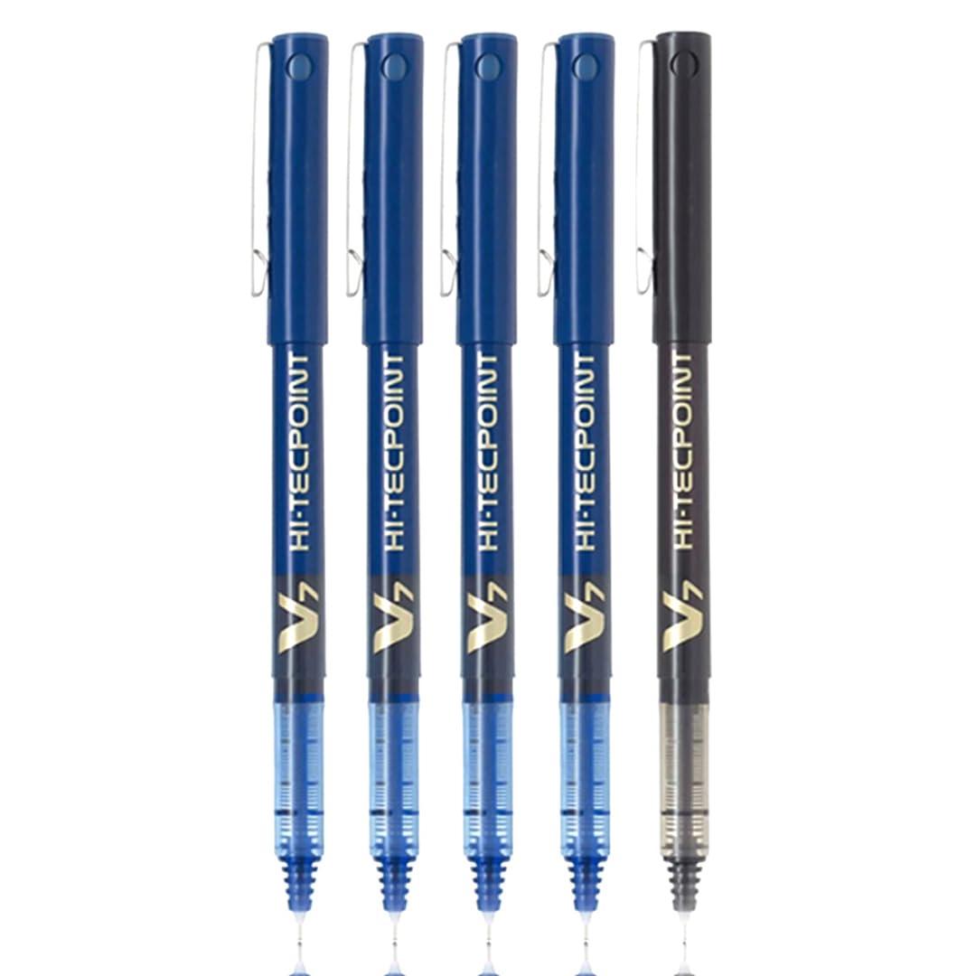 Pilot Hi-Tecpoint V7 0.7mm Fine Point Pure Liquid Ink Roller Ball Pen | Pack Of 5 (4 Blue + 1 Black)