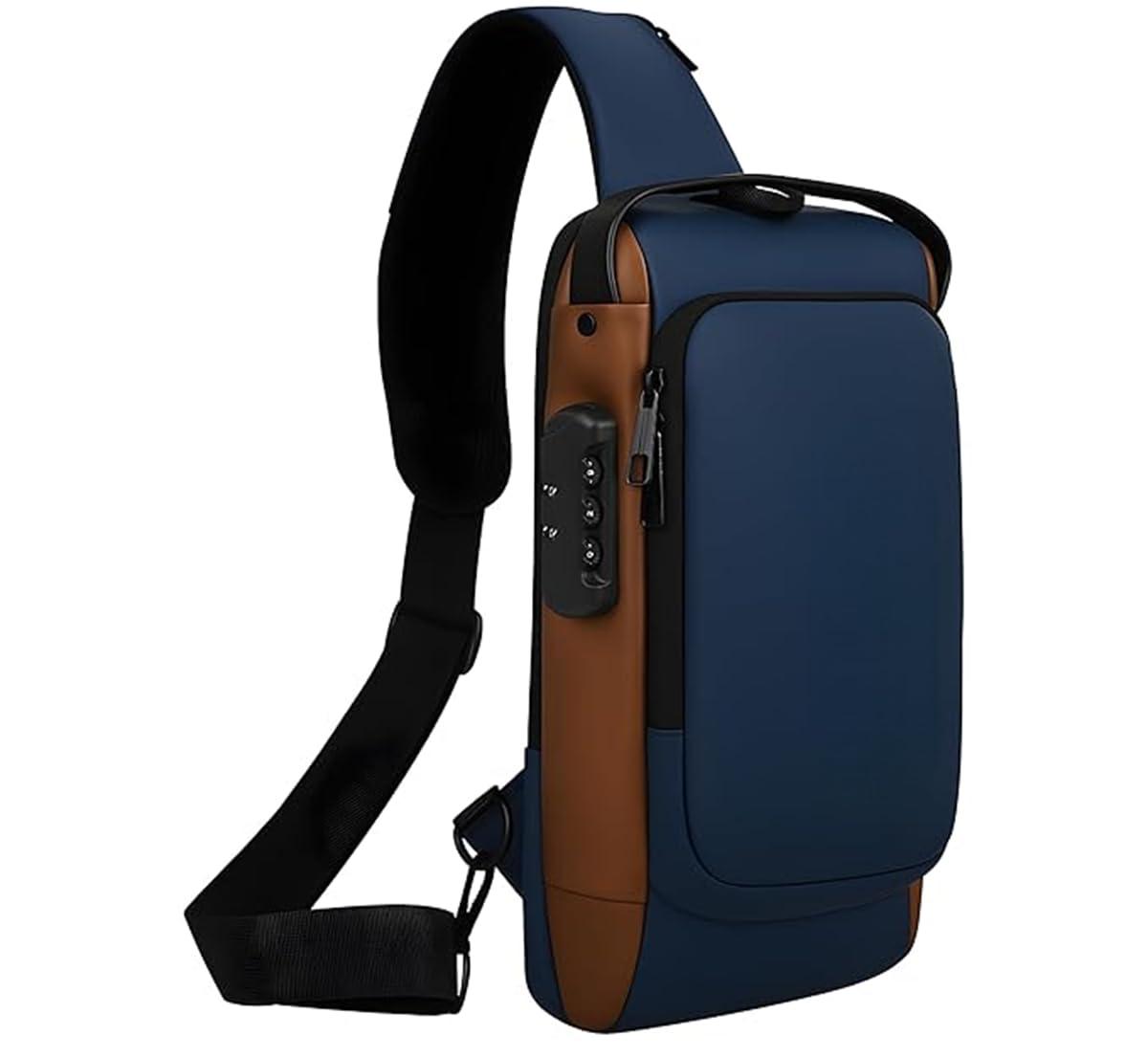 Walizza Lifestyle Anti-Theft Sling Sling Bag with USB Charging Port for Men & Women | Travel & Daily Use Crossbody Bag with Secure Hidden Zippers | Water-Resistant & Multi-Functional (Blue-Goldon)