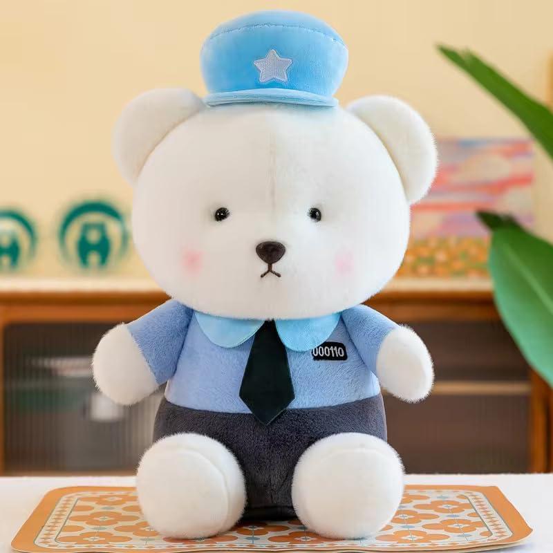 Storescent Plush Police Bear Stuffed Animal, White Dsp Petrol Teddy Bear with Blue Cap and Uniform, Soft Cuddly Toy