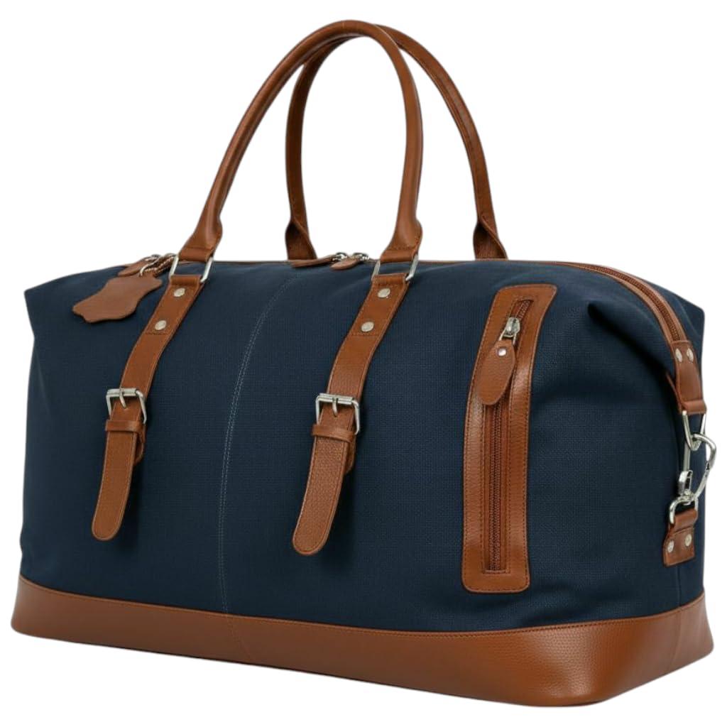 Irnado Genuine Leather Large 40L Canvas Weekender Travel Duffle Cabin Bag with Detachable Shoulder Strap for Men and Women Overnight Sling Bag (Blue)