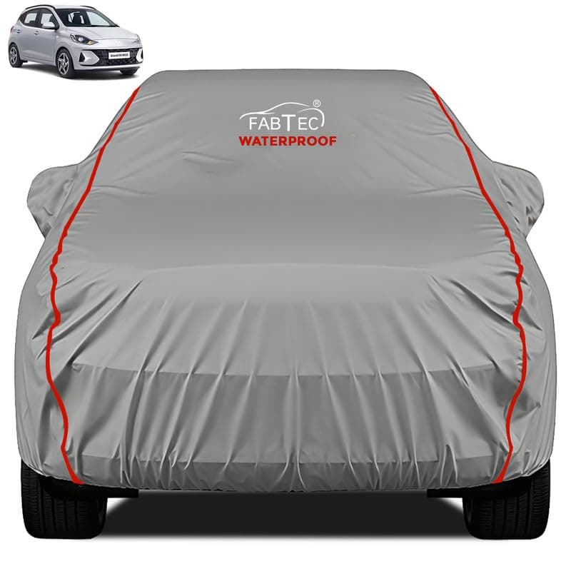 FABTEC Waterproof Premium Car Cover for Hyundai Grand i10 Super Waterproof Car Body Cover Heavy Duty Durable PEVA Grey with Red Piping