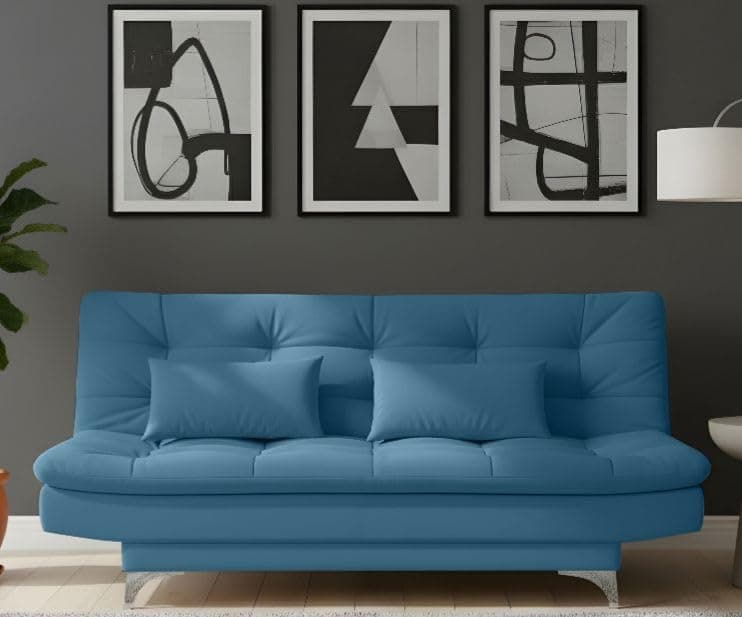 AMATA Eagle Solid Wood 3 Seater Sofa Cum Bed Sky Blue Suede Vlevet Fabric with Two Cushions Perfect for Home Living Office Room and Guests (Aqua Blue, Medium)(3 Year Warranty)