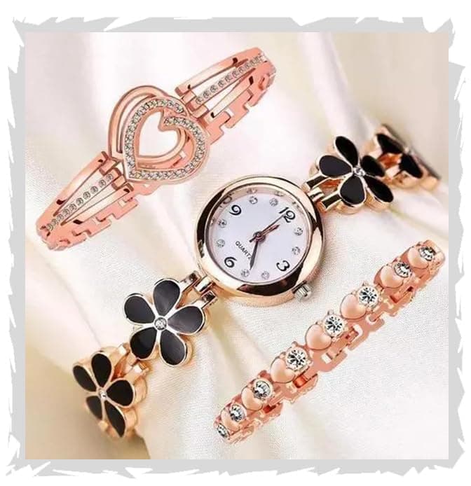 FROZIL Stainless Steel Analog Color Black Flowered Dial Watch and Bracelet for Womens and Girls Combo Watches for Women and Girl Pack of 3