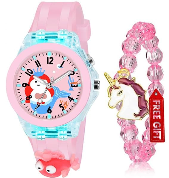 Acnos Kids Cute Cartoon Watch & Unicorn Bracelet Combo – Fish Designs – Gift Set for Girls