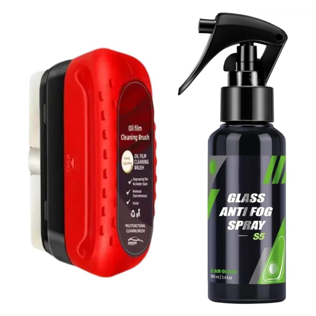 Oil Film Cleaning Brush & Car Glass Cleaner Anti-Fog Spray | Windshield Defogger & Stain Remover for Interior & Exterior | Anti-Mist, Oil Stain Remover for Car Windows, Mirrors & Glass