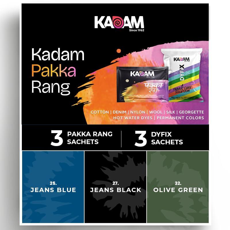 Kadam Pakka Rang Multicolor Pack | Jeans Black, Jeans Blue, Olive | 1 Sachets Each | 3 DyFix Color Fixer Sachets | Fabric Dye Colors | Permanent Colors for Fabrics
