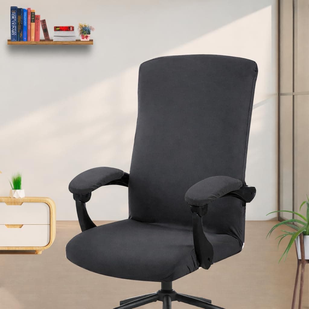 ELEGANTA Stretchable Elastic Boss Office Chair Cover with Handle Covers, Polyester Spandex, Dark Grey (Pack of 2)