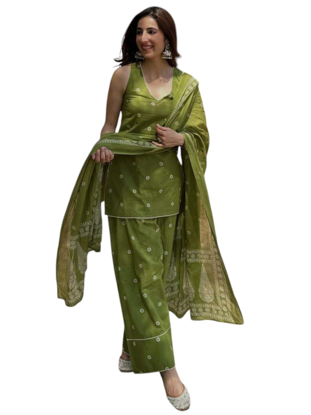 ANNI DESIGNER Women's Cotton Blend Printed Straight Farshi Salwar Set with Dupatta for Women (Santiva Green_L_Green_L)