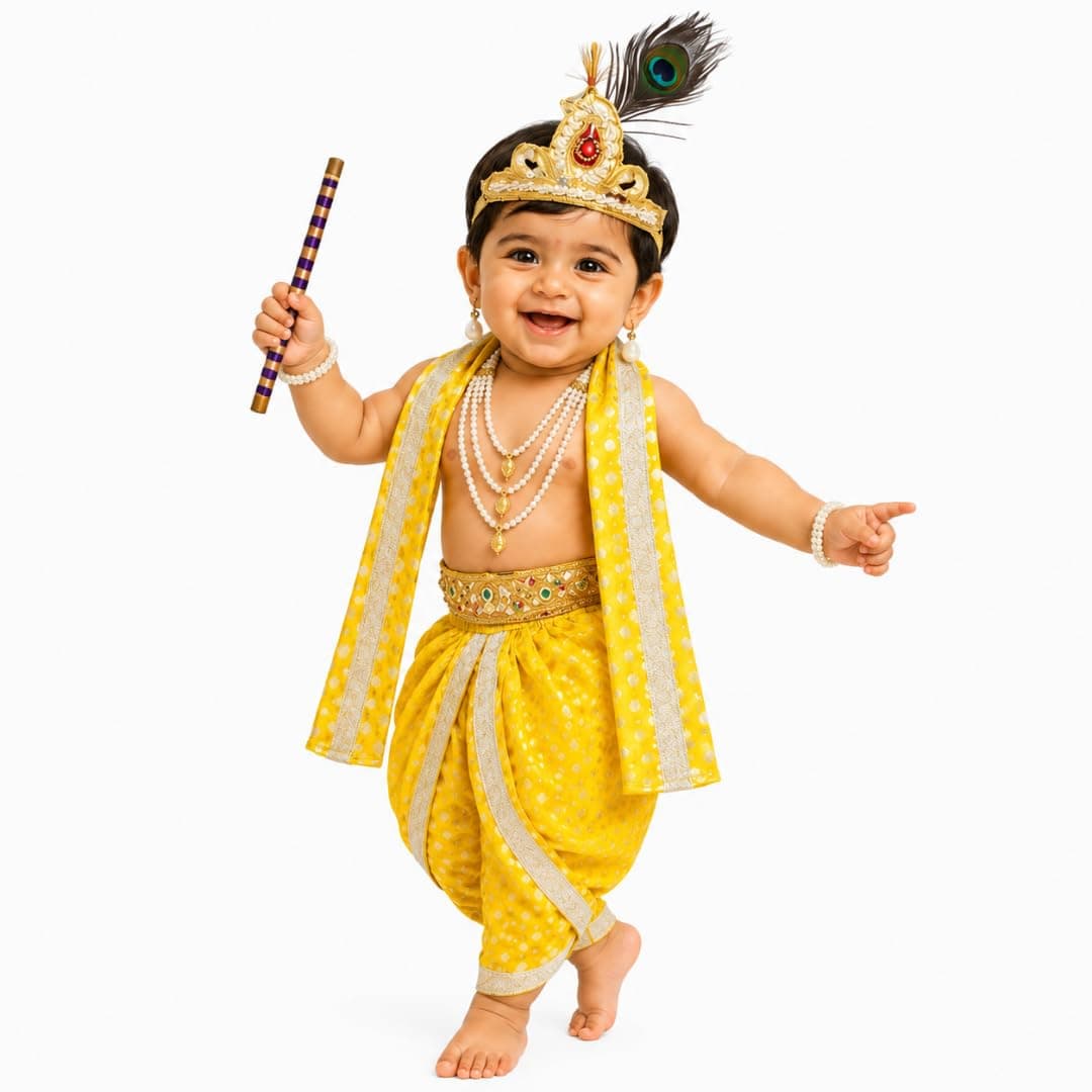 ITSMYCOSTUME Little Krishna Dress for Boys & Girls | Krishna Costume Set with Dhoti, Patka, 5 Layer Moti Mala, Mukut, Morpankh & Accessories | Janmashtami Fancy Dress for Kids - Yellow