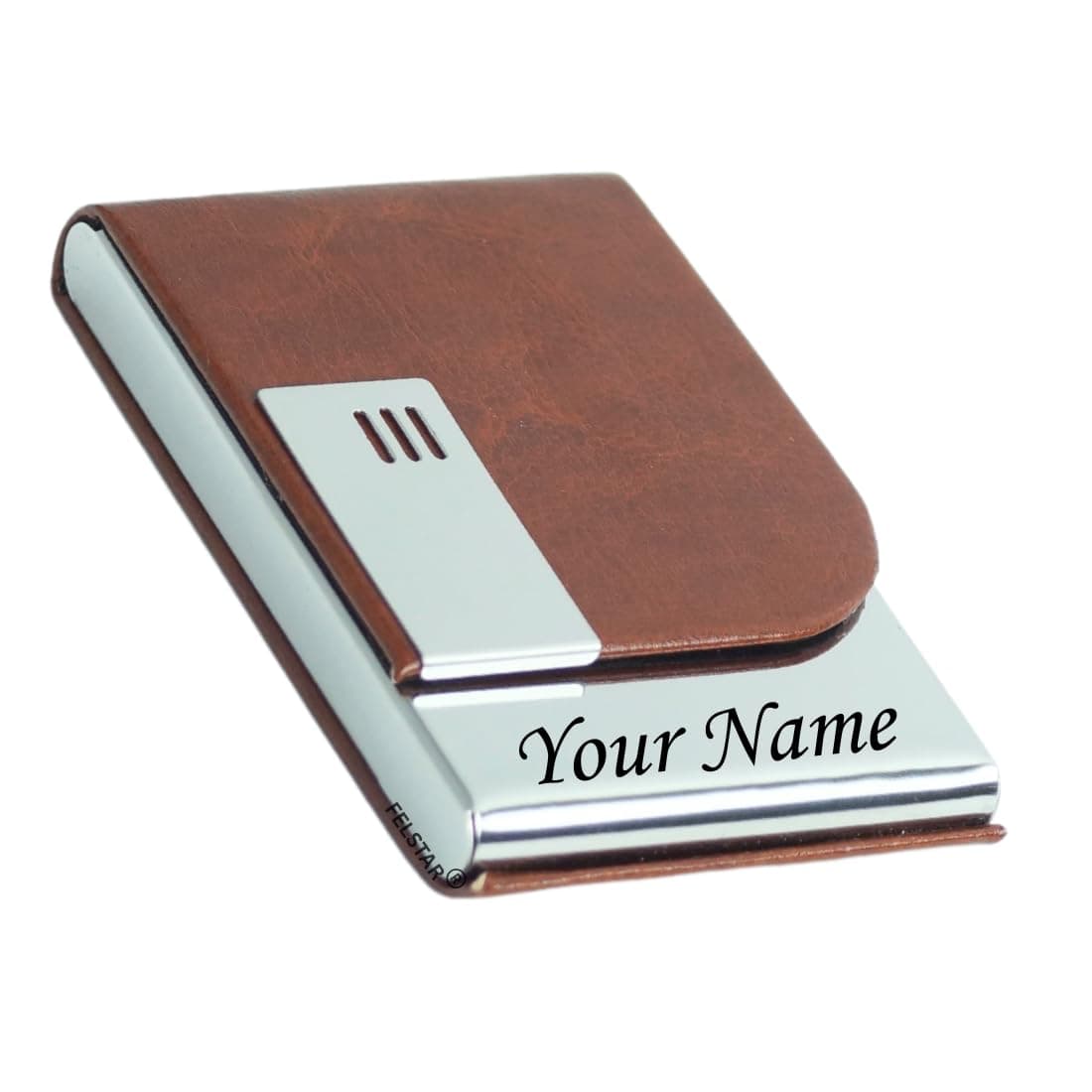 FELSTAR Customized/Personalized Card Holder with Name Engraved, PU Leather Professional Business Visiting Card Holder/Credit Card Holders Men Women, Corporate Gift for Employees (Brown)