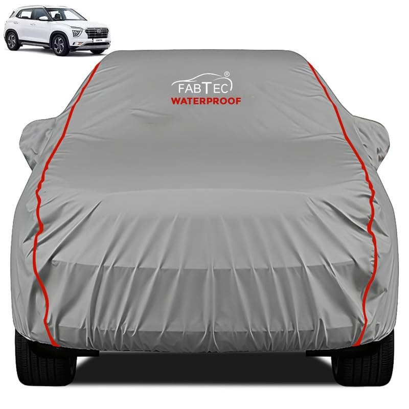 FABTEC Waterproof Premium Car Cover for Hyundai Creta Super Waterproof Car Body Cover Heavy Duty Durable PEVA Grey with Red Piping
