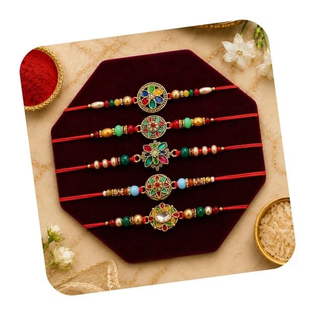 TIED RIBBONS Rakhi for Brother Combo - Set of 5 Kundan Floral Rakhi for Brother Bhaiya Kids Boys Men Bhai with Tikka - Rakhi's for Rakshabandhan