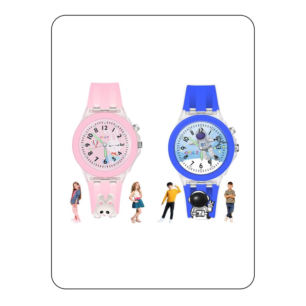 SPIKY Analog Watch For Kids Combo (Pink & Blue) | 3D Cartoon | 7 Multicolor LED Luminous Lights with Silicone Strap | Best Birthday Gift | Analogue Wrist Watches For Boys & Girls | Age 3-10 Yrs | Pack of 2