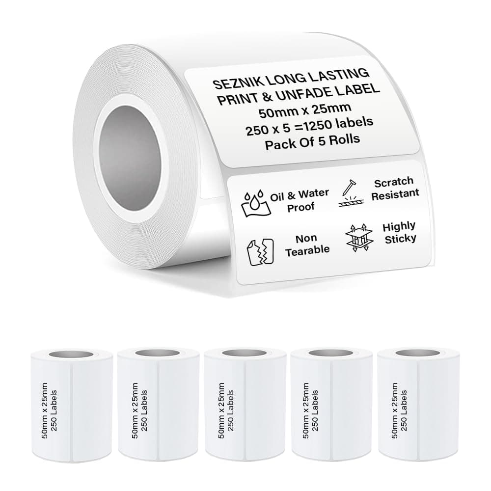 SEZNIK Waterproof, Non-Tearable, Sticky Thermal Lables, Label Roll, 2 inch Adhesive Thermal Labels for Label Printers (50mmx25mm - 1250 Lables), 1250 Labels