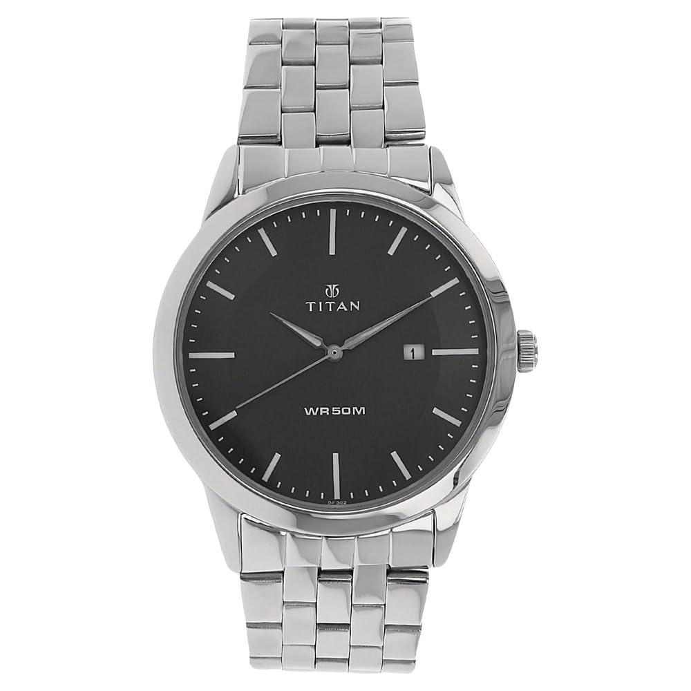 Titan Quartz Analog with Date Anthracite Dial Silver Stainless Steel Strap Watch for Men - NT1584SM04