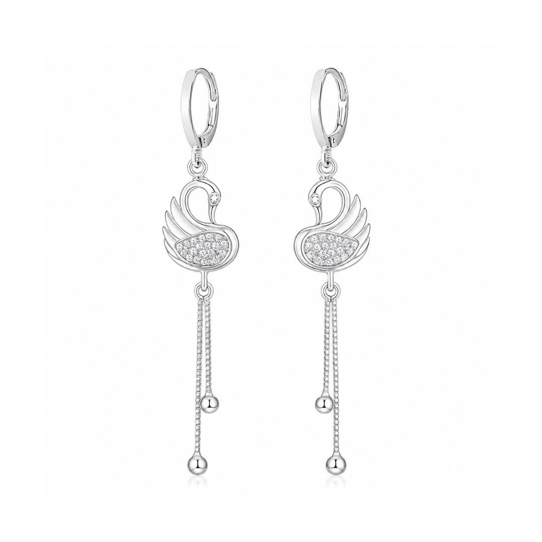 Nilu's Collection Swan Dangle Earrings For Women (Silver Tone)